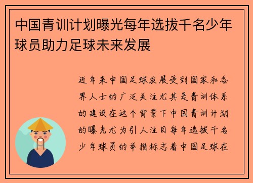 中国青训计划曝光每年选拔千名少年球员助力足球未来发展