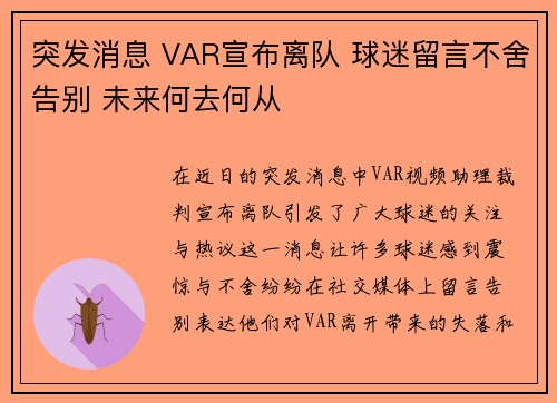 突发消息 VAR宣布离队 球迷留言不舍告别 未来何去何从