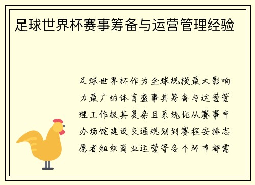 足球世界杯赛事筹备与运营管理经验